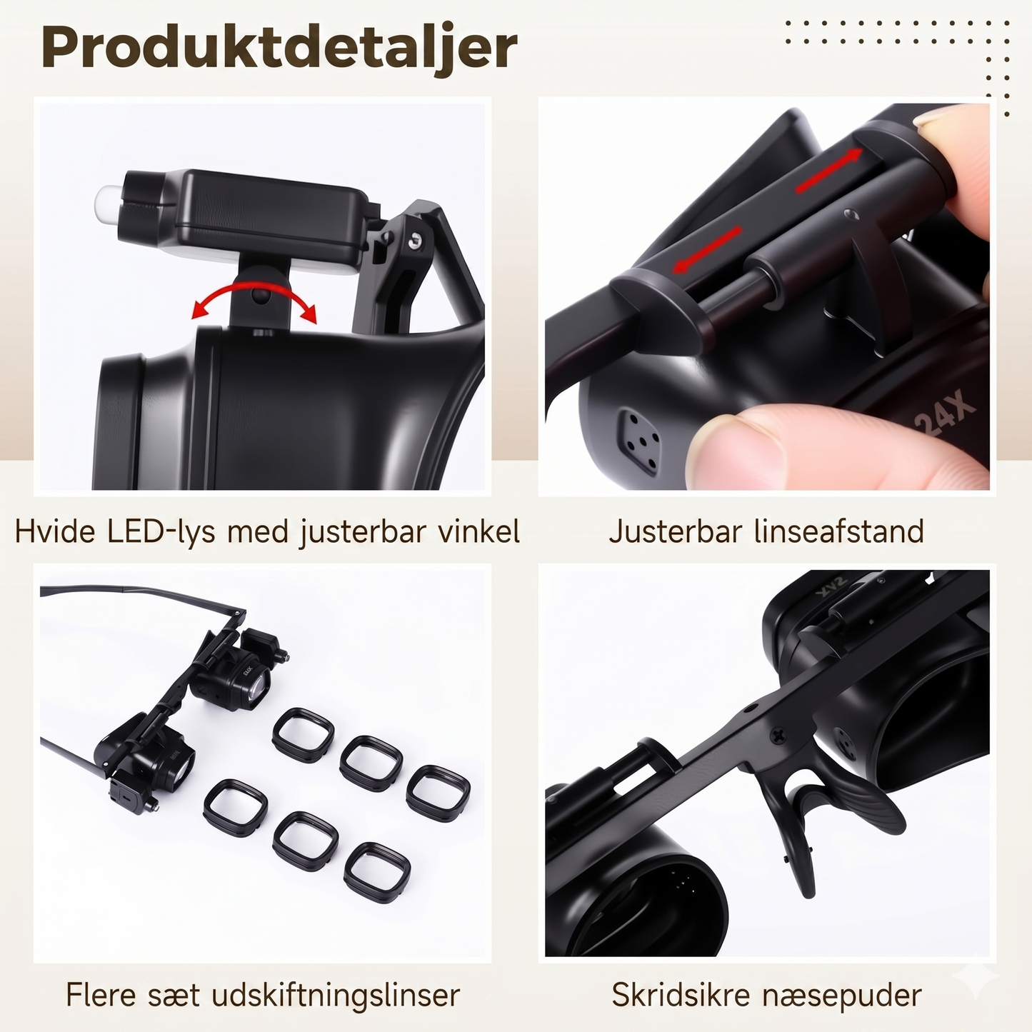 Håndfri Forstørrelsesbriller med LED-Lys og Udskiftelige Linser
