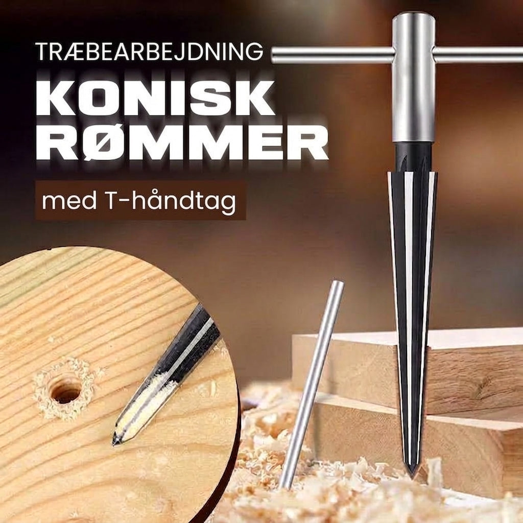 Effektivt konisk oprimer- og afgratningsværktøj med T-håndtag til træ og metal