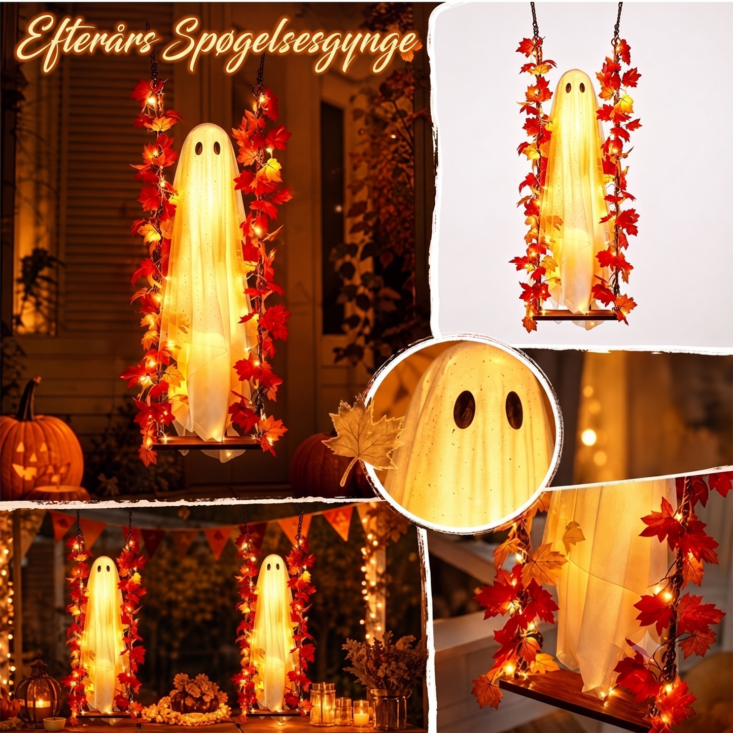 Hængehjemsøgt Halloween-spøgelse på gynge med fjernbetjening, LED og lønneblade