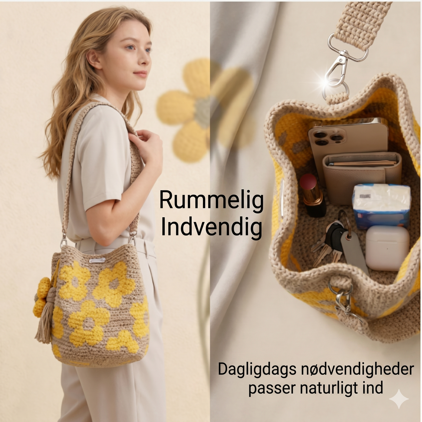 Unik Håndhæklet Shopper med Reliefblomster