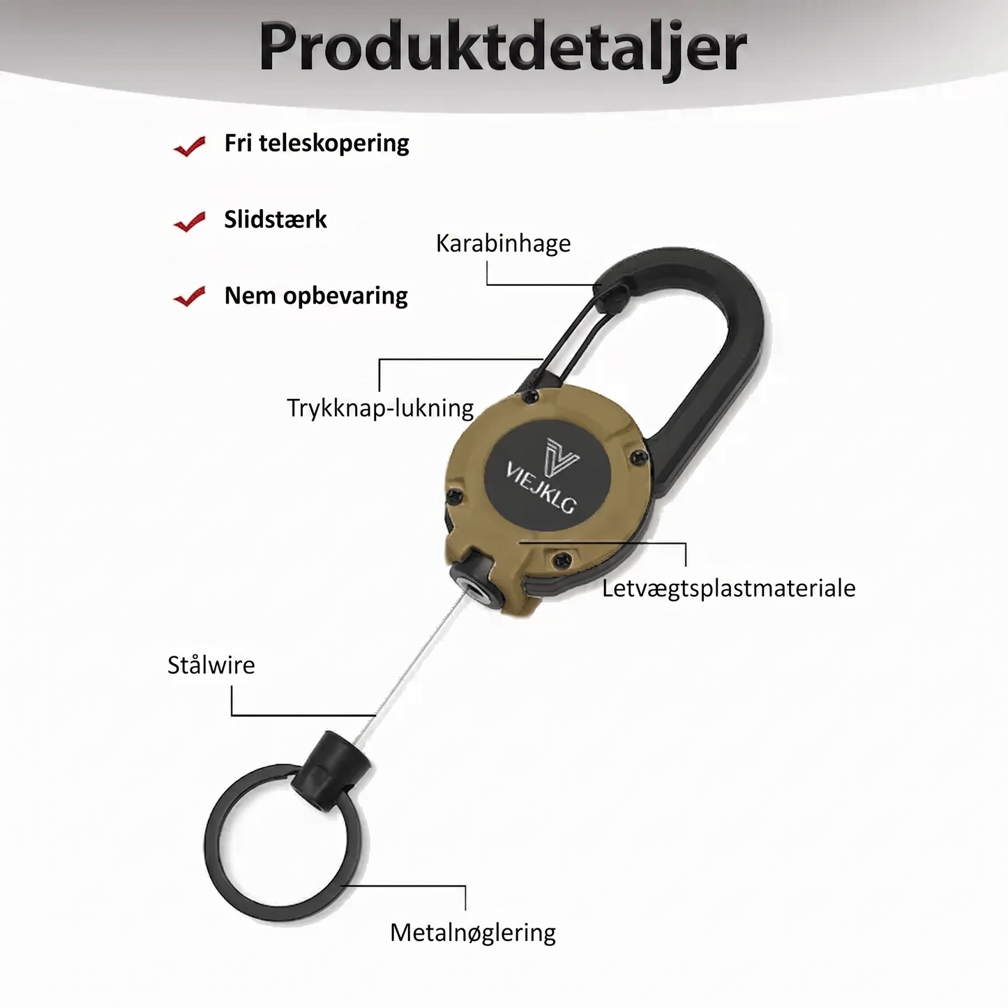 Taktisk Nøglering med Udtrækkeligt Stålkabel og Karabinhage