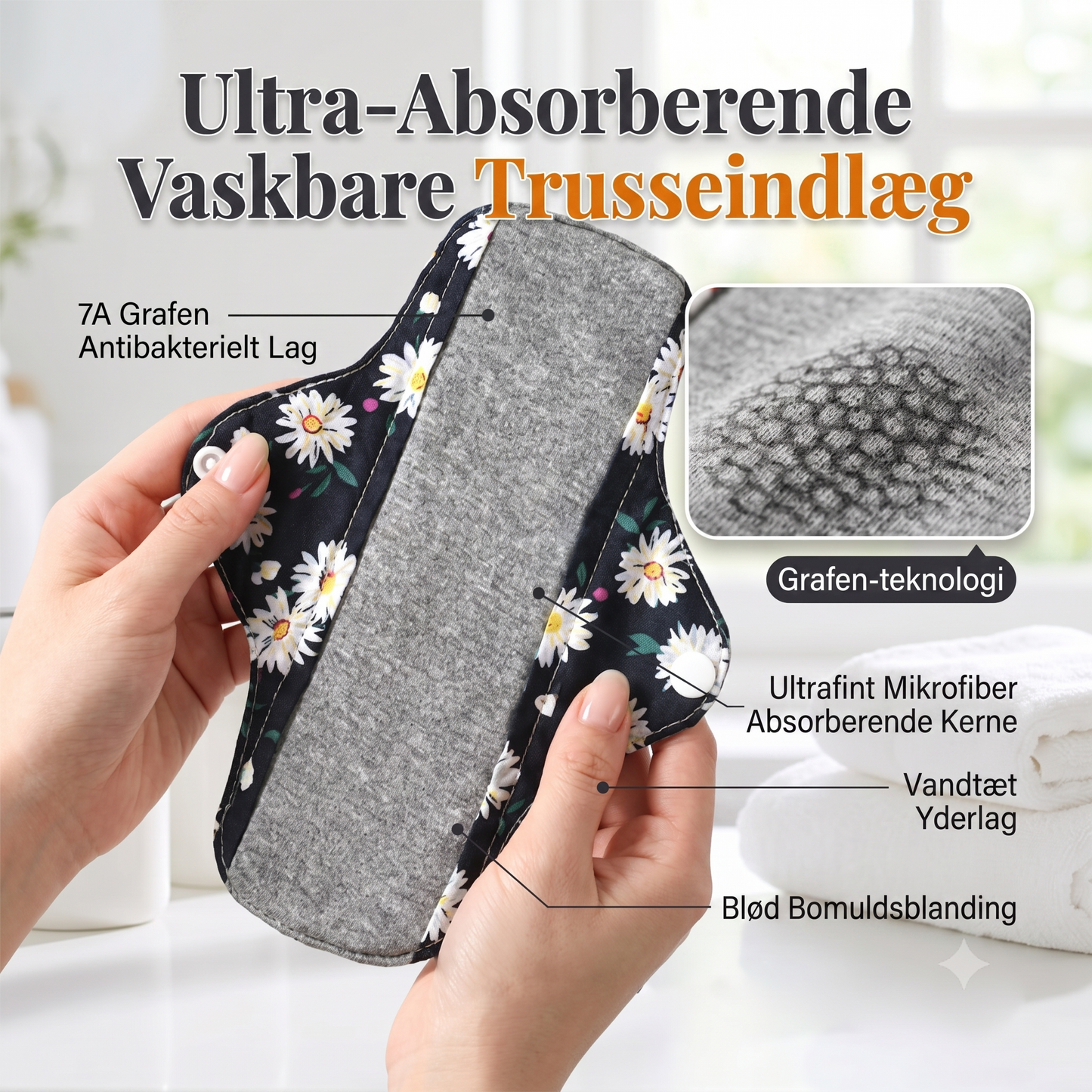 Vaskbart Genanvendeligt Grafen Menstruationsbind med Trykknapvinger