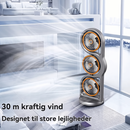 360-Graders Roterende 5-Trins USB-genopladelig Trehovedet Bordventilator