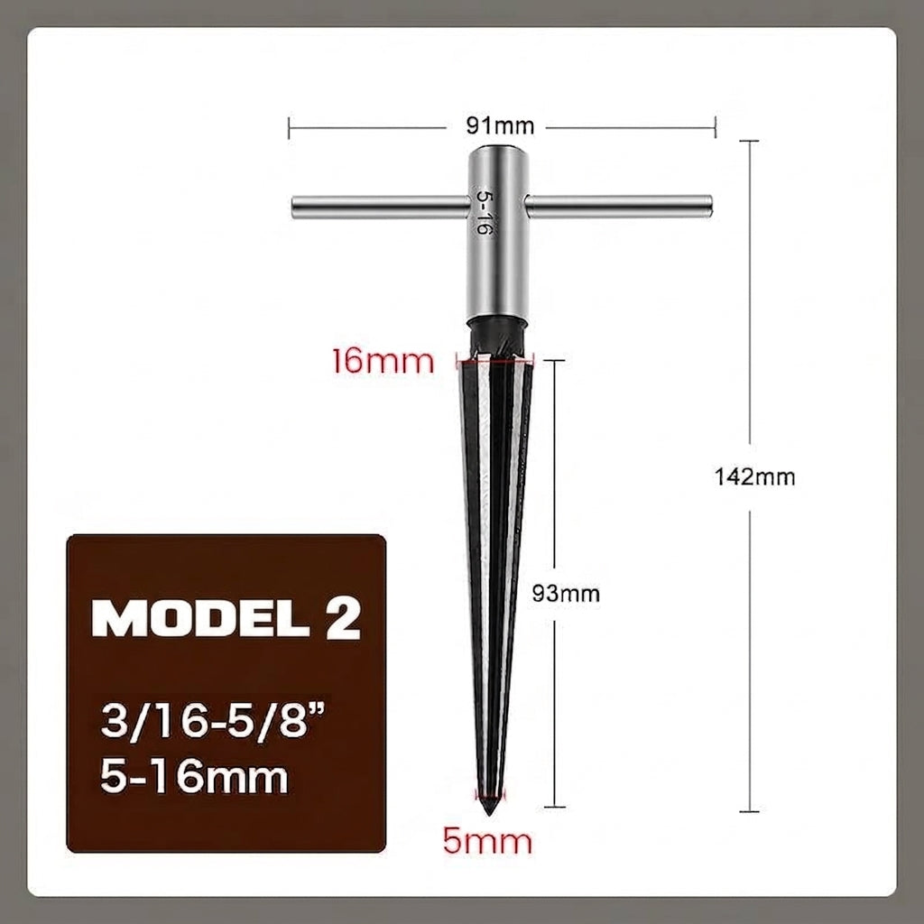 Effektivt konisk oprimer- og afgratningsværktøj med T-håndtag til træ og metal