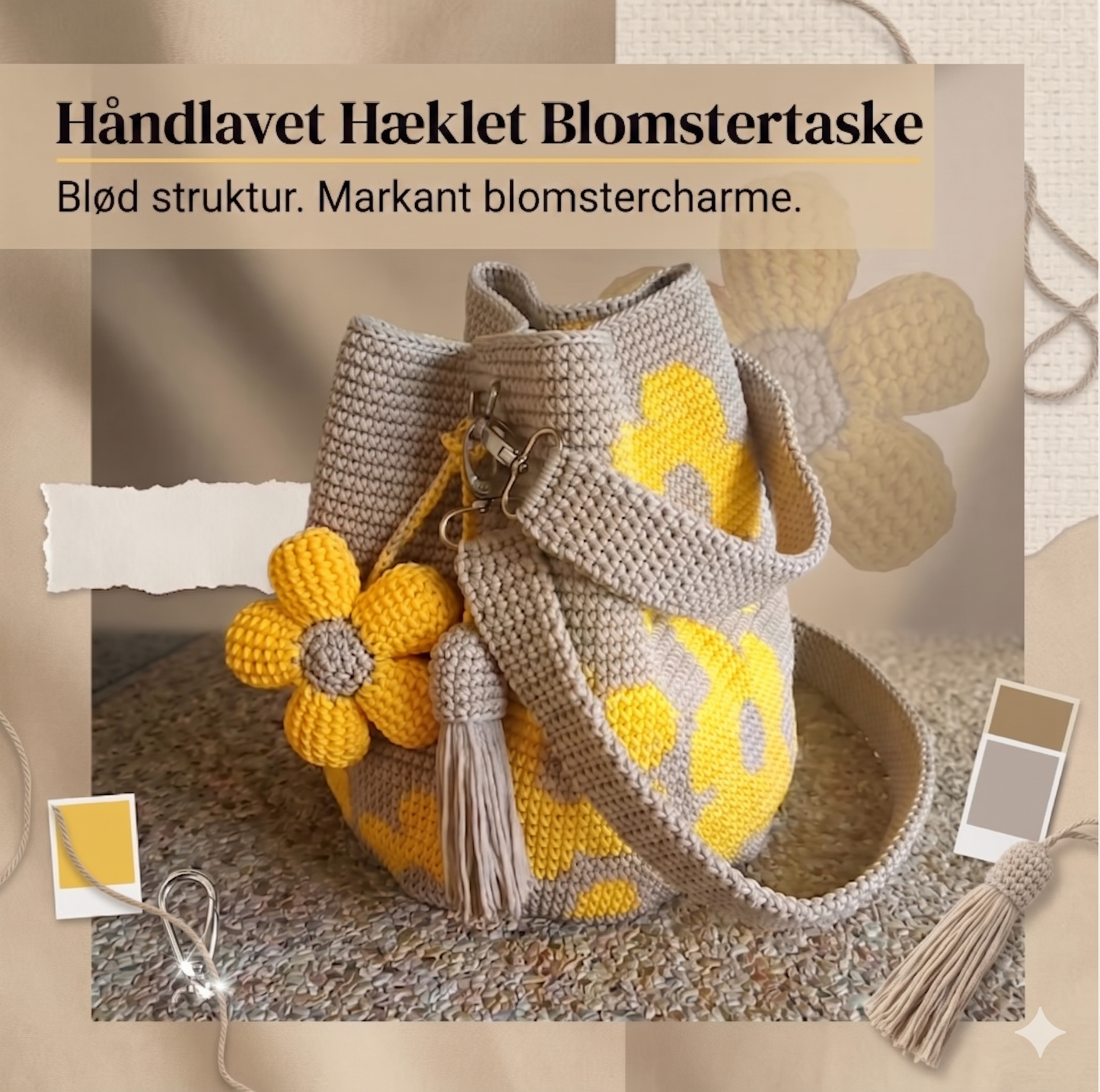 Unik Håndhæklet Shopper med Reliefblomster