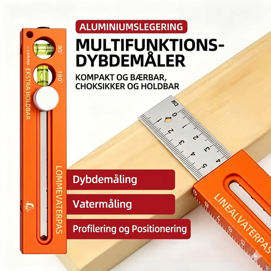 4-i-1 Multivinkel-lineal i Aluminium – Kompakt Vinkelmåler & Vaterpas