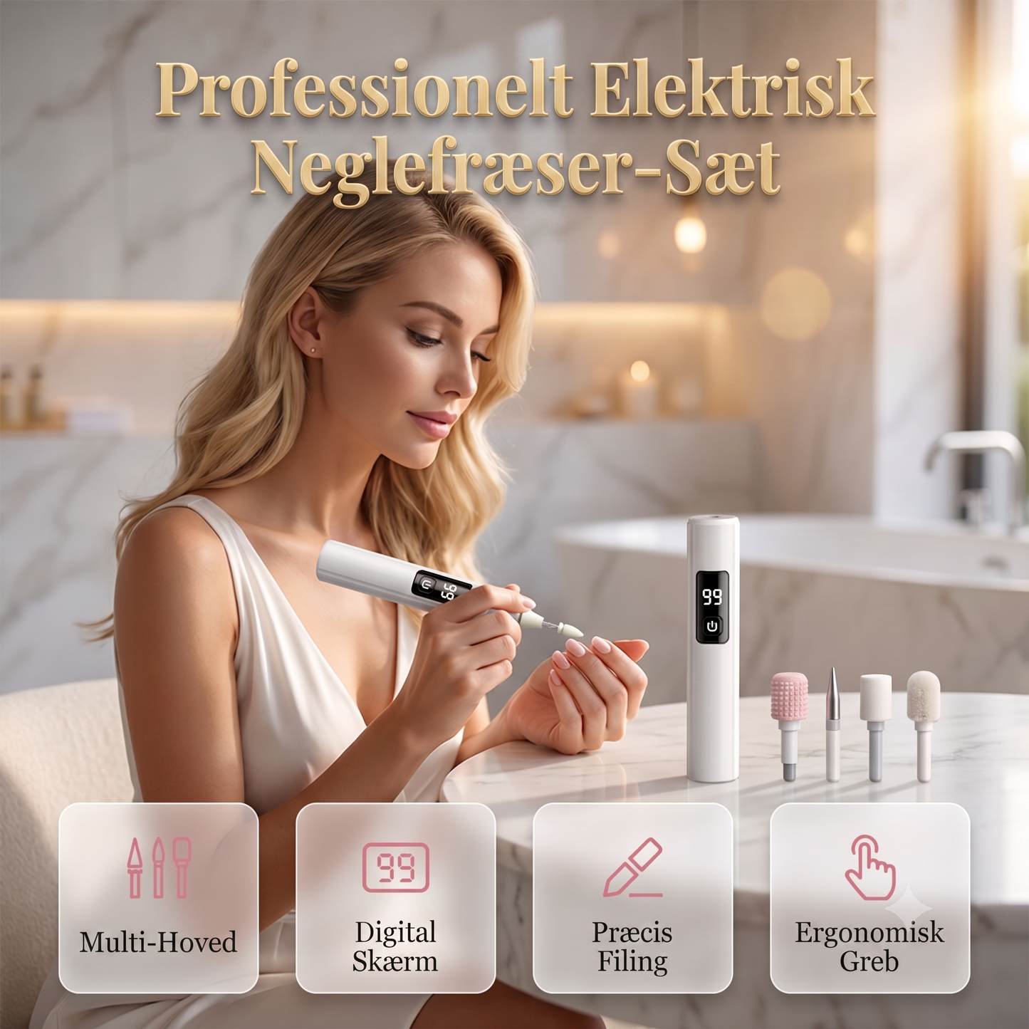 Ergonomisk Elektrisk Neglefil med Digitalt Hastighedsdisplay og 4 Udskiftelige Slibehoveder