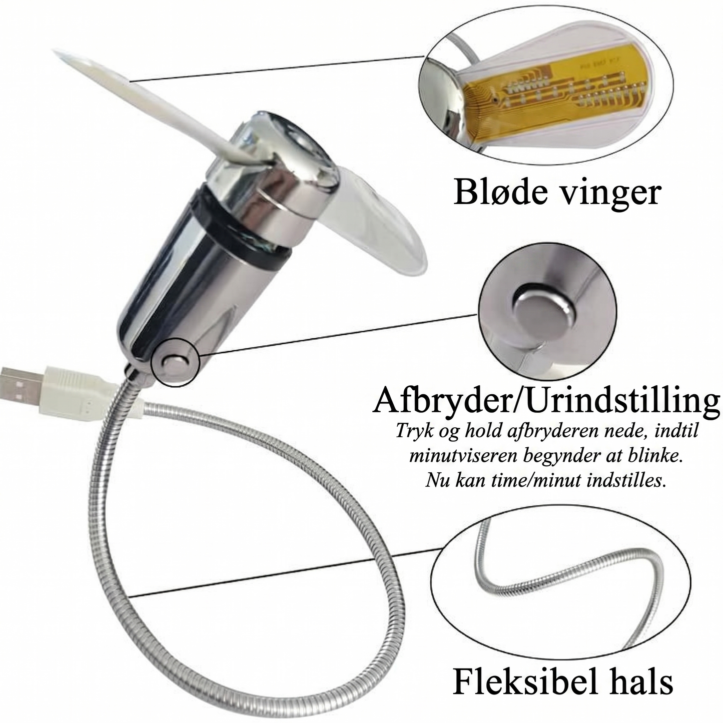 Fleksibel USB-Kontorventilator – Med Svævende Digitalt Ur og Termometer