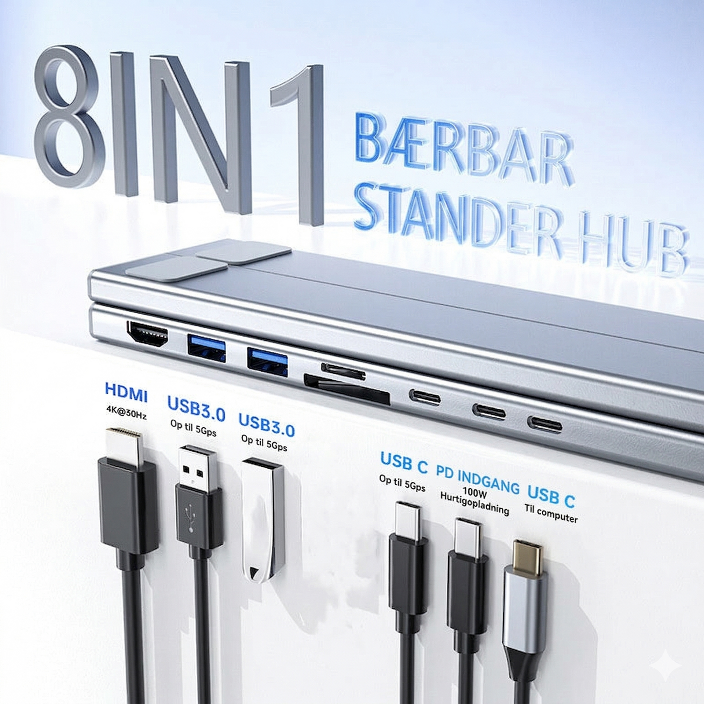 Pro Docking-stander til Laptop – 8-i-1 Hub med 4K HDMI & SD-læser