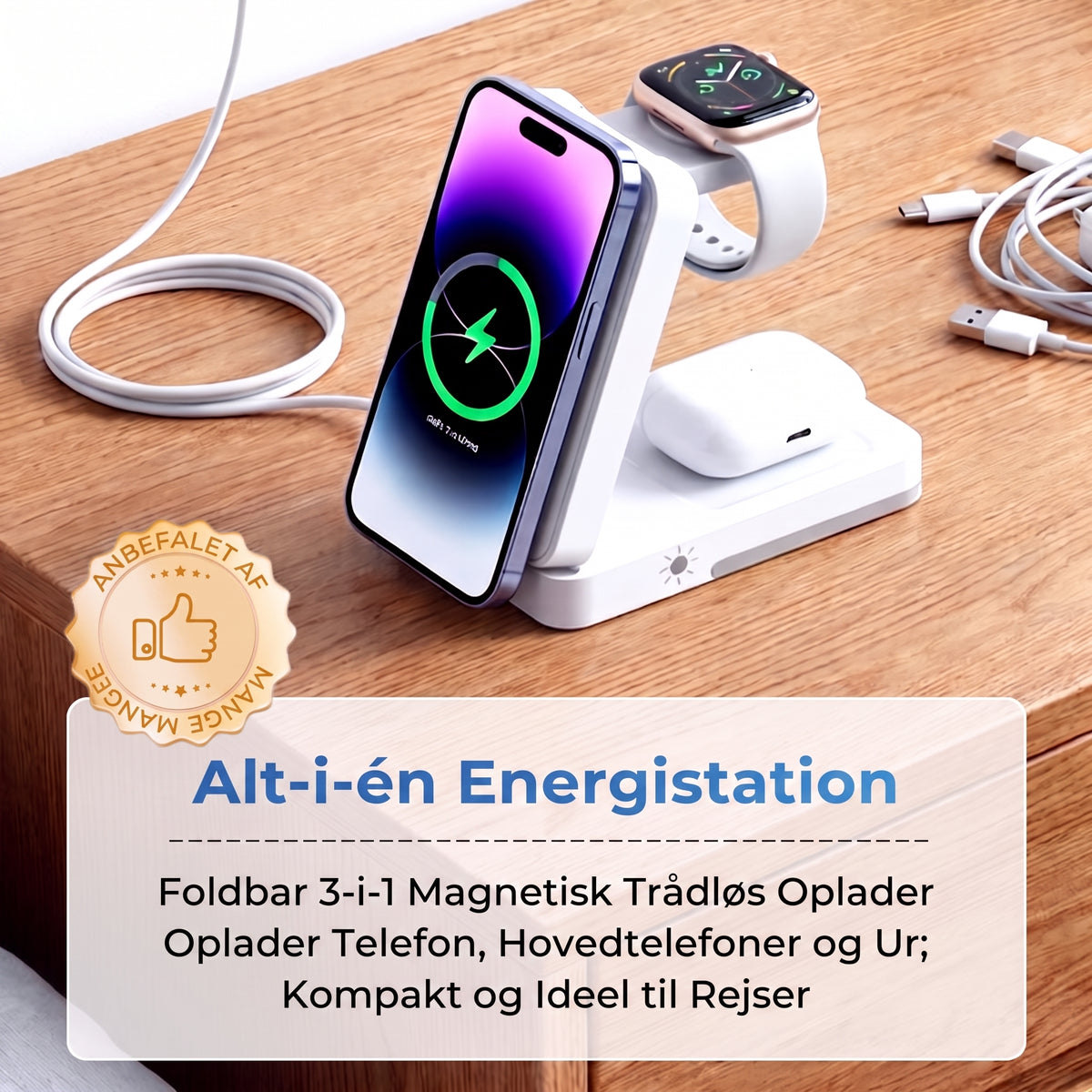 Magnetisk 3-i-1 ladestativ i foldbart design til trådløs opladning