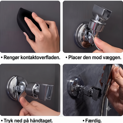 Borrfri holder til bruserhoved med nem montering og stærk vedhæftning