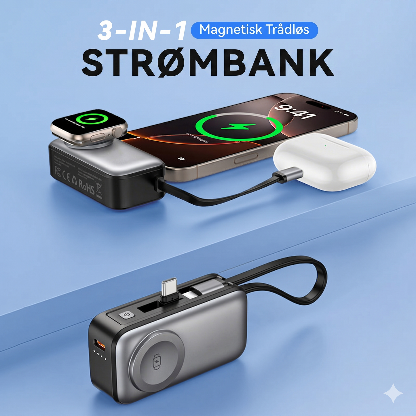 Ultra-kompakt Rejse-Powerbank – Integreret USB-C & Lightning + Magnetisk Wireless
