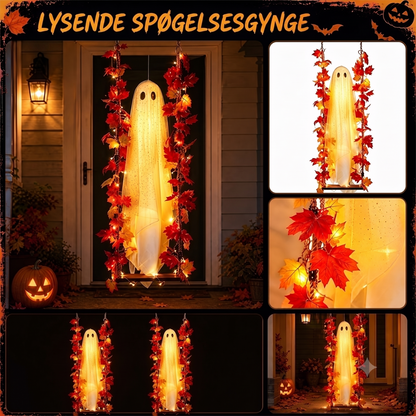 Hængehjemsøgt Halloween-spøgelse på gynge med fjernbetjening, LED og lønneblade