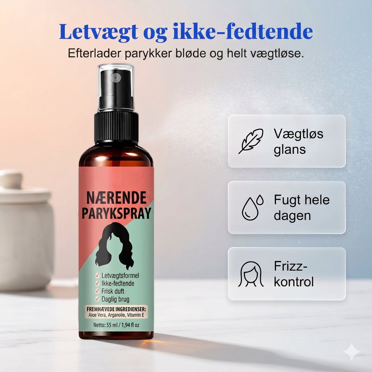 Let nærende leave-in spray til parykker