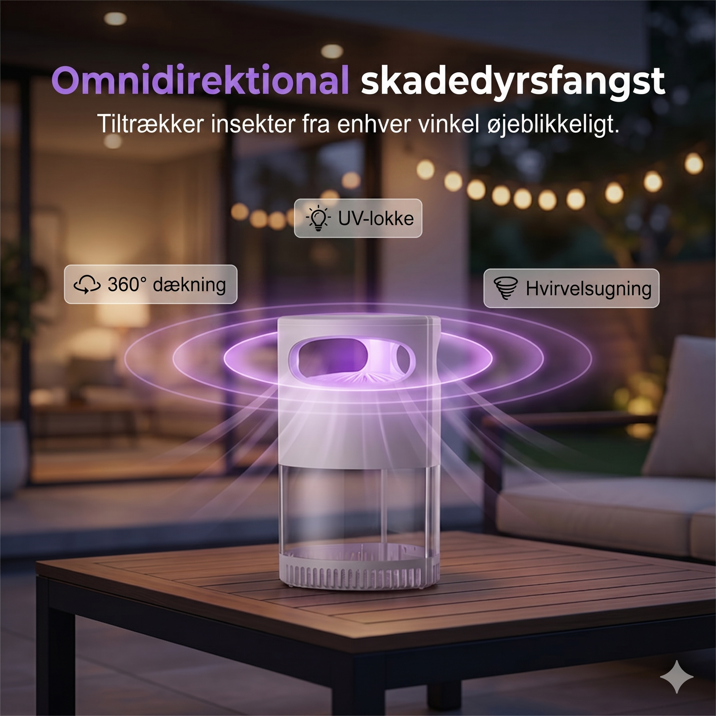 Smart UV-Insektfanger med Suge-teknologi – 360° Beskyttelse mod Myg & Fluer