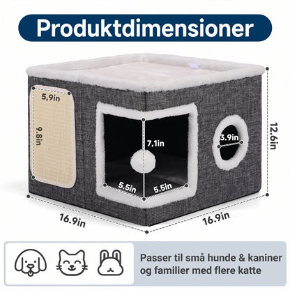 Foldbar 2-i-1 kattebakke med to niveauer, integreret kradsemåtte og pladsbesparende design