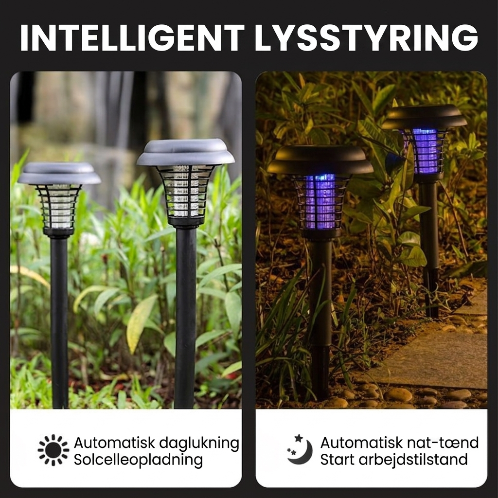 2-i-1 Solcelle Insektlampe – Automatisk lys & effektiv myggefælde