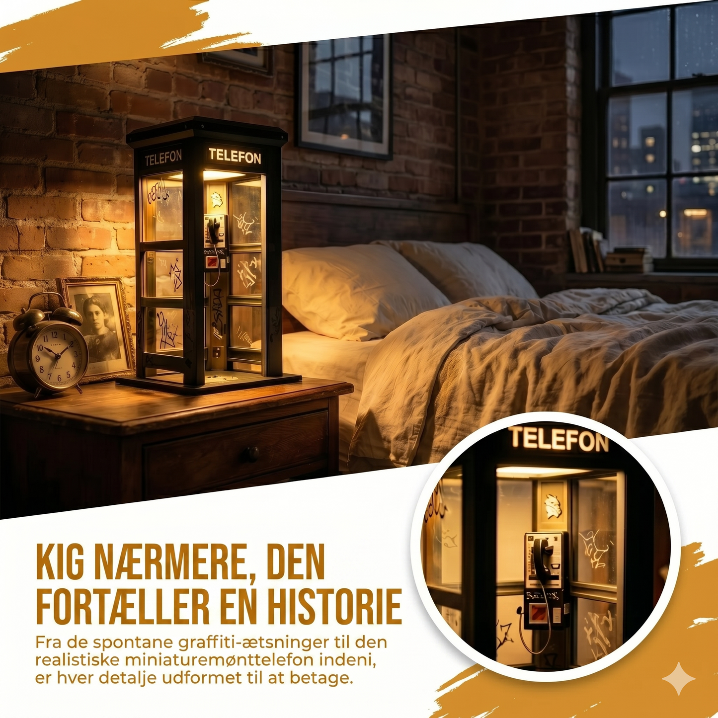 Vintage Telefonboks Stemningslampe med Varmt Lys