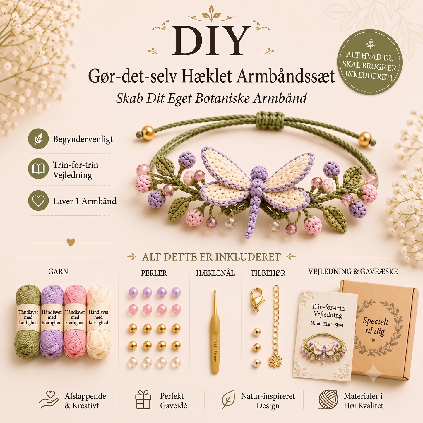 Naturfiber-baseret Håndværks-sæt til Hæklet Armbånd med Geometrisk Modulstruktur