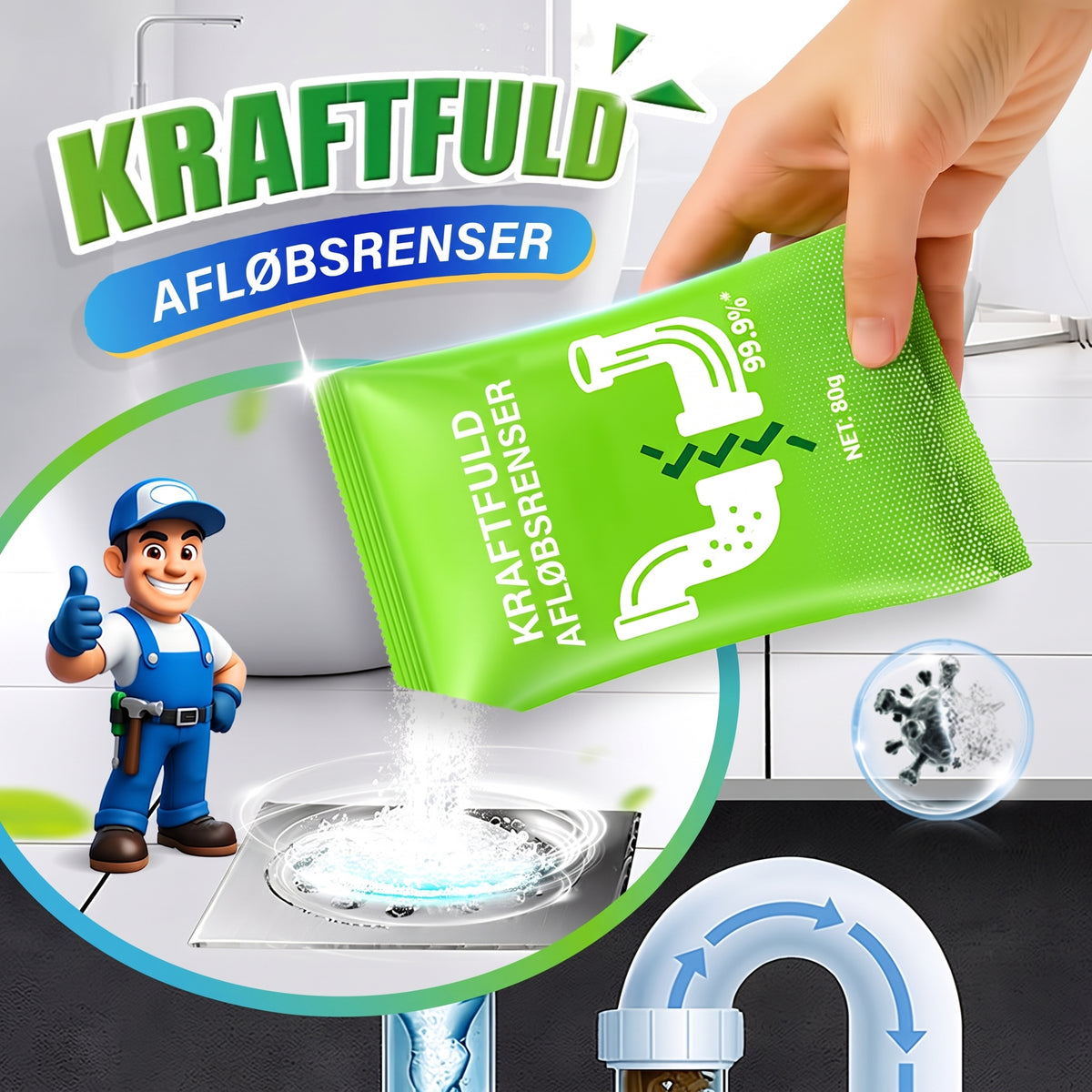 Effektiv afløbsrens til nem opløsning af snavs og grundig vedligeholdelse af rørene