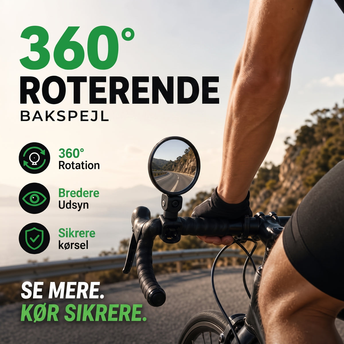 360° draaibar bagudvendt bakspejl til cykler og elcykler med klart udsyn og nem montering uden værktøj