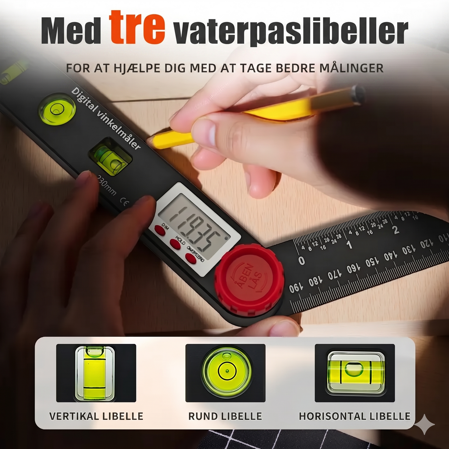4-i-1 Digital Vinkelmåler med Lineal og Vaterpas