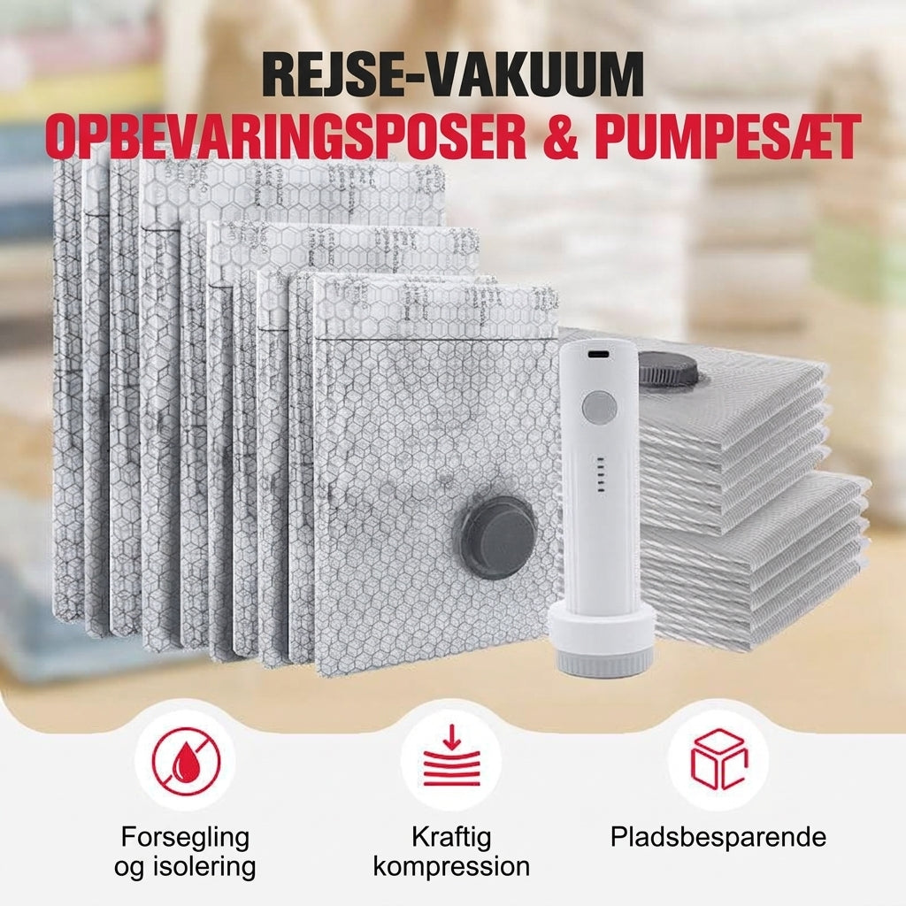 Praktisk rejse-vakuumsæt med flere posestørrelser og trådløs pumpe til kufferten