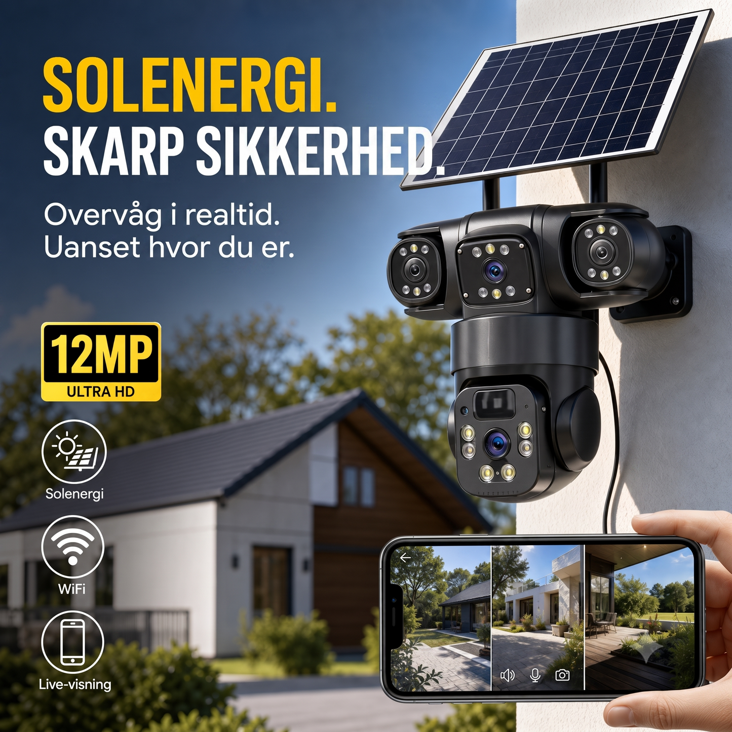 Smart Solcelle-Sikkerhedskamera – Med multivisning og sirene