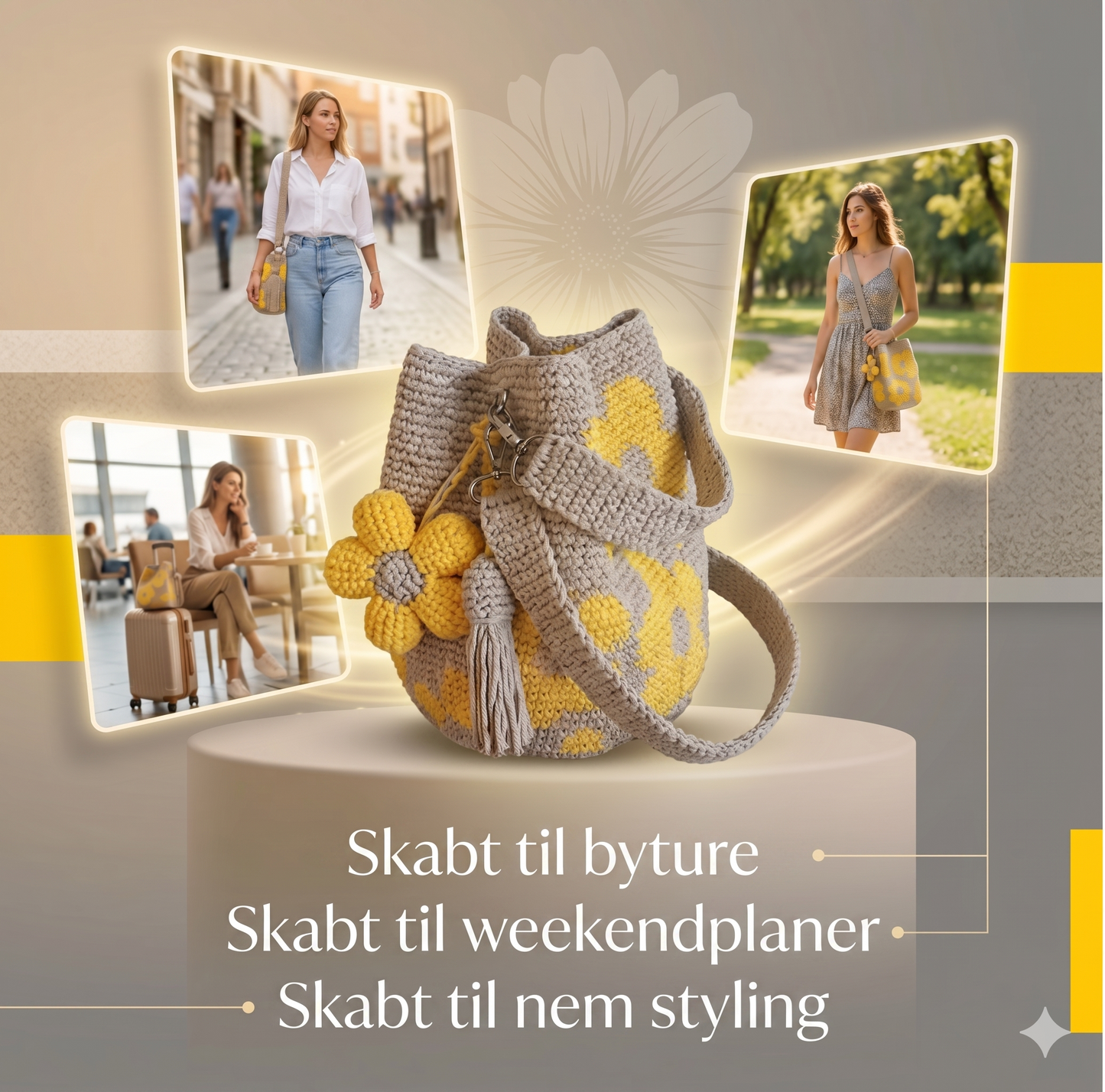 Unik Håndhæklet Shopper med Reliefblomster
