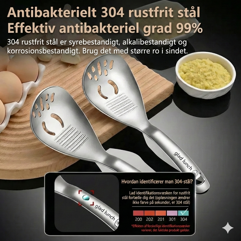 Alt-i-ét Køkkenredskab i 304 Stål – Si, Moser, Rivejern & Oplukker