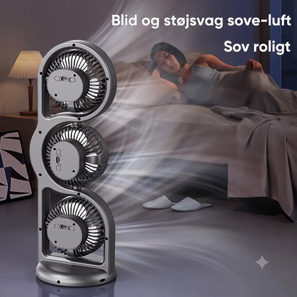 360-Graders Roterende 5-Trins USB-genopladelig Trehovedet Bordventilator