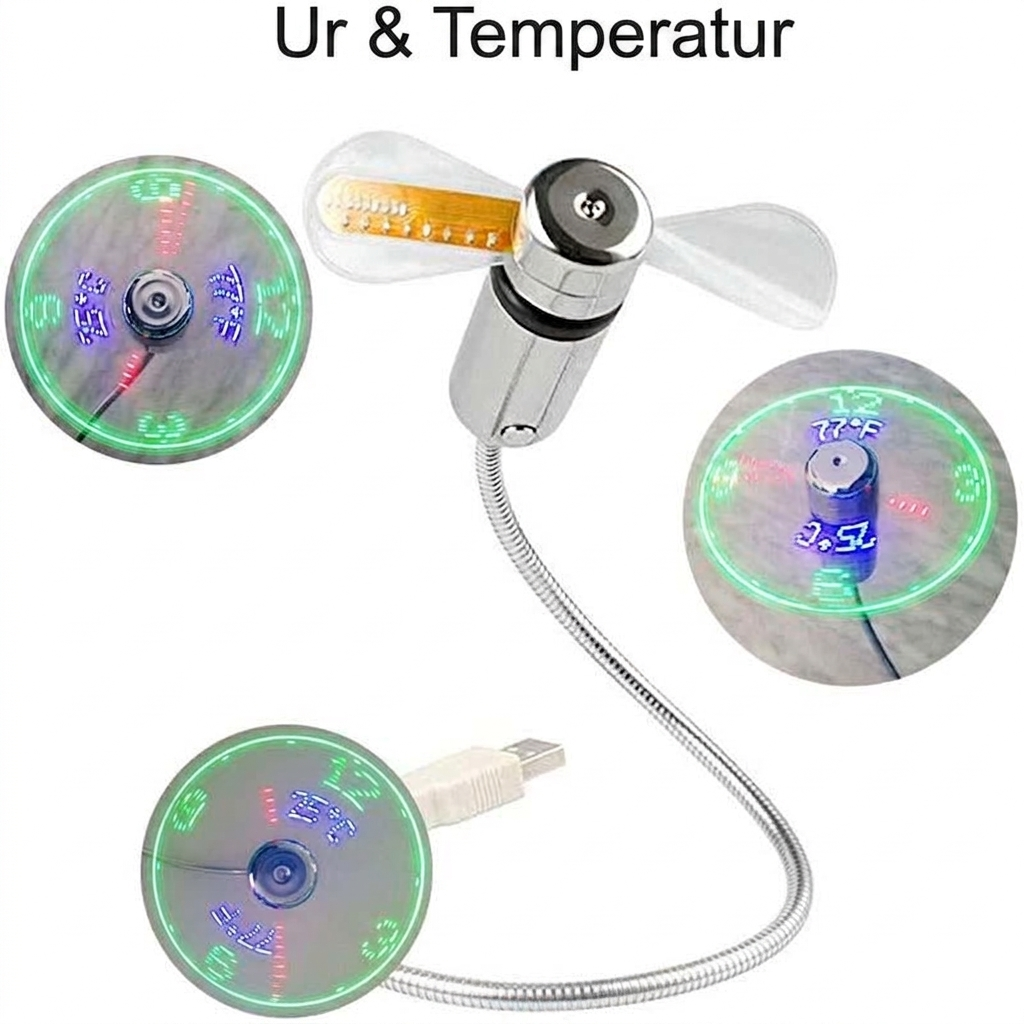 Fleksibel USB-Kontorventilator – Med Svævende Digitalt Ur og Termometer