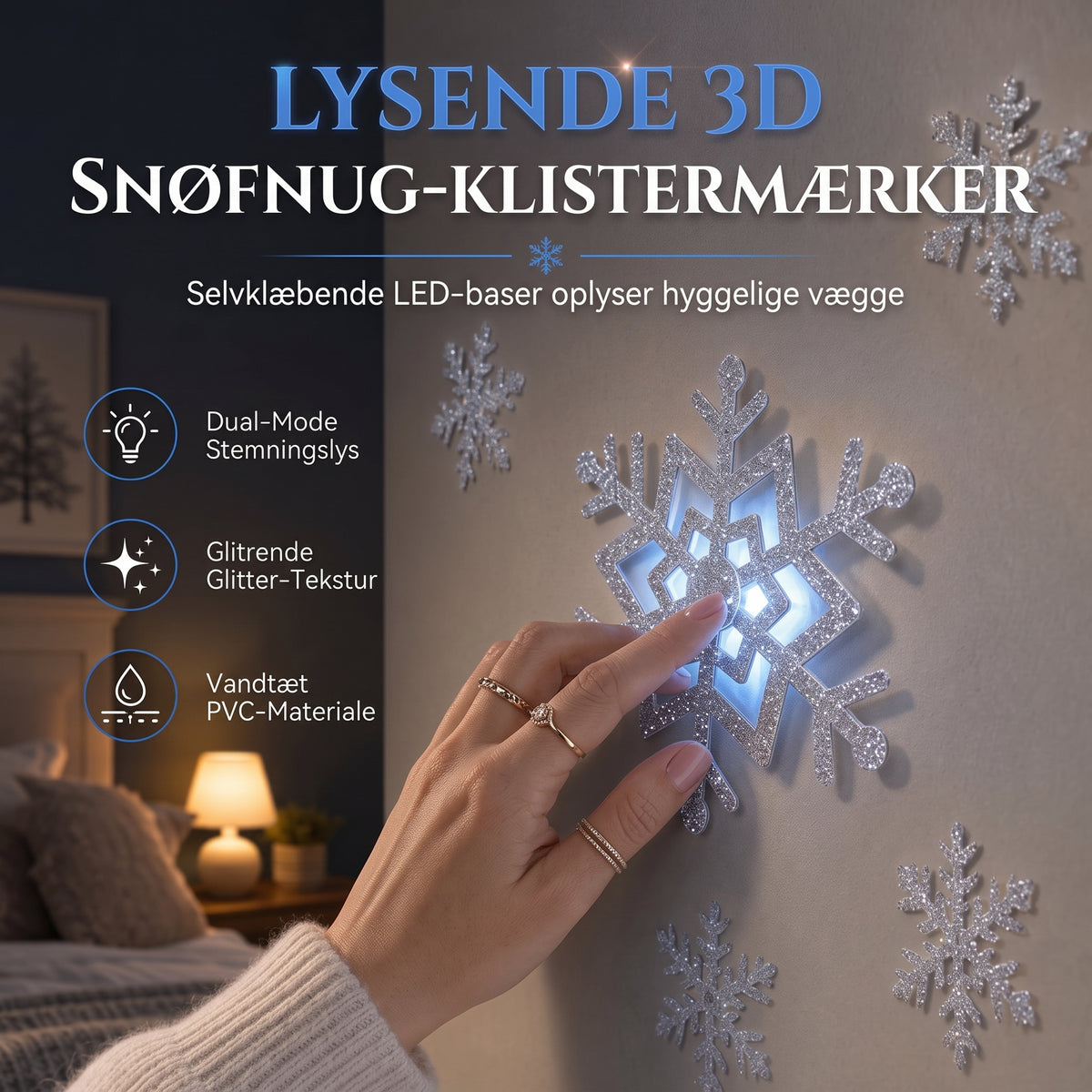 Selvlysende vægklistermærker med snefnug til hyggelig og magisk natbelysning