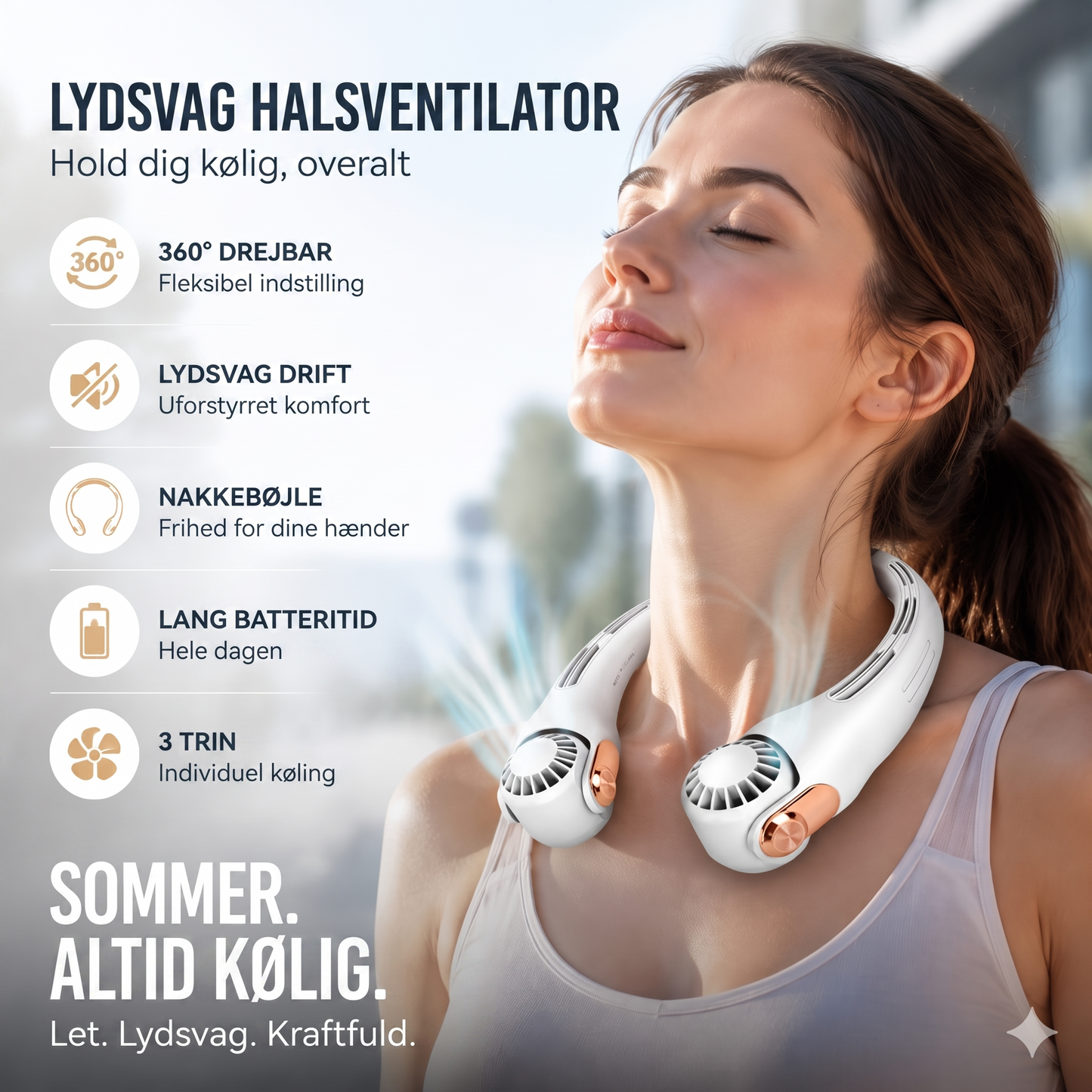 Støjsvag Håndfri Nakkeventilator med 360-Graders Køling