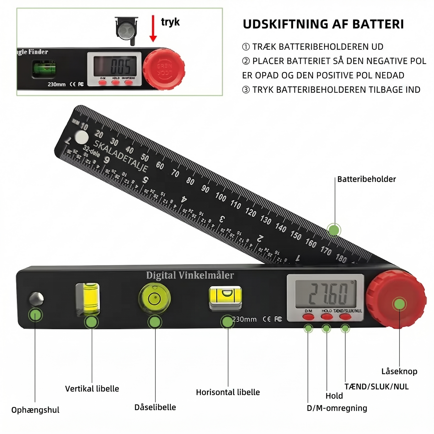 4-i-1 Digital Vinkelmåler med Lineal og Vaterpas