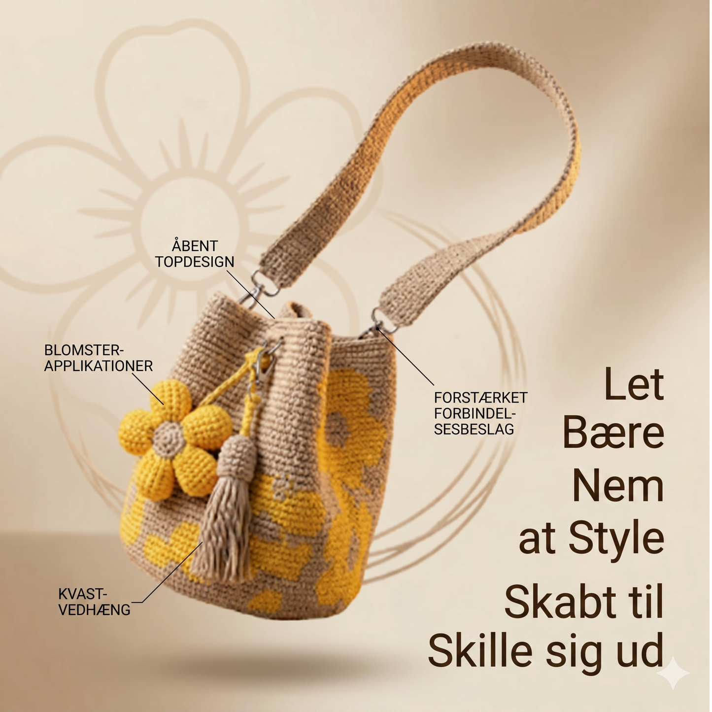 Unik Håndhæklet Shopper med Reliefblomster