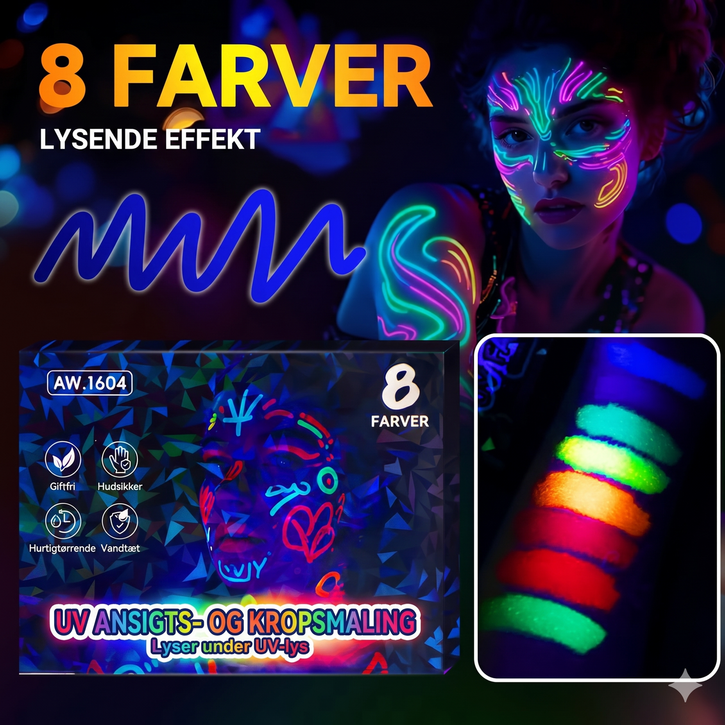 Hudvenligt UV-Glow Farvesæt til Ansigt og Krop