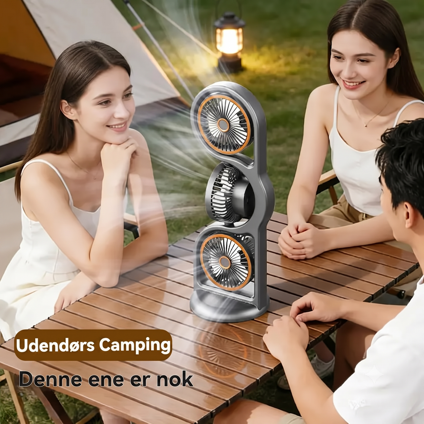 360-Graders Roterende 5-Trins USB-genopladelig Trehovedet Bordventilator