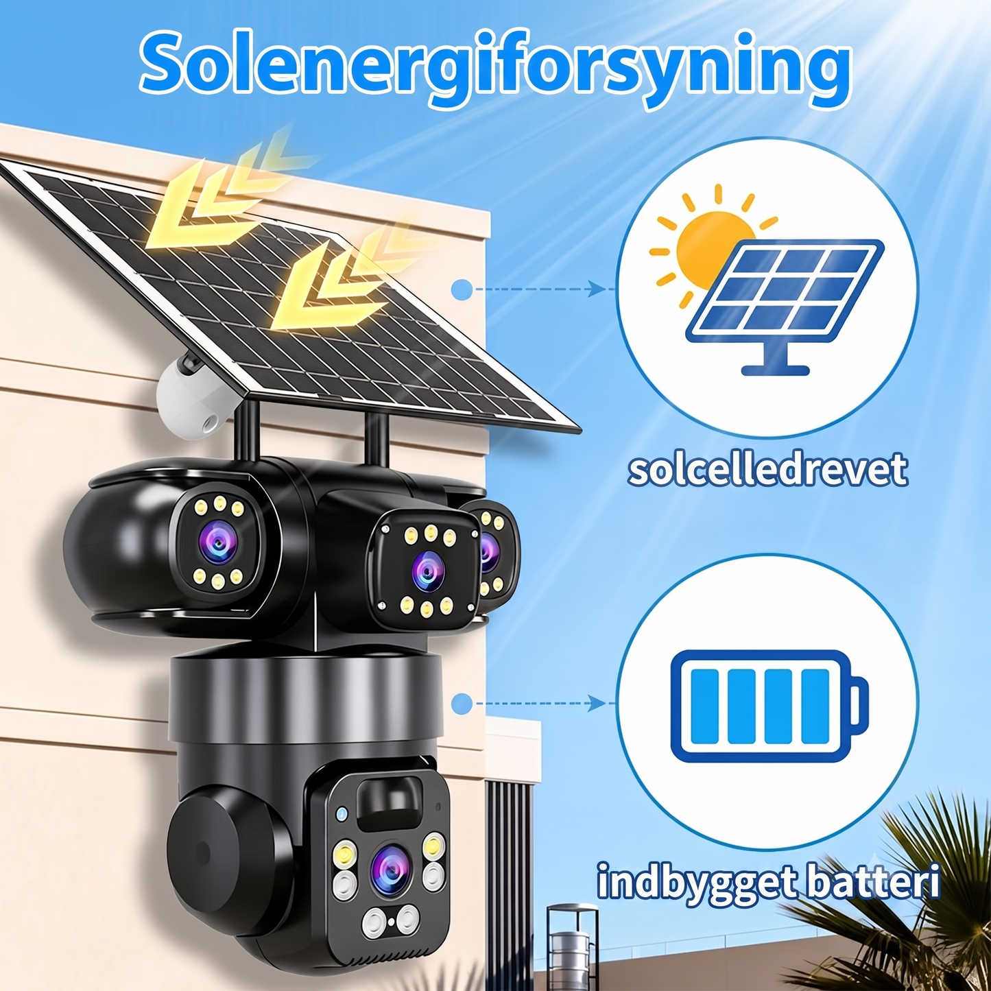 Smart Solcelle-Sikkerhedskamera – Med multivisning og sirene