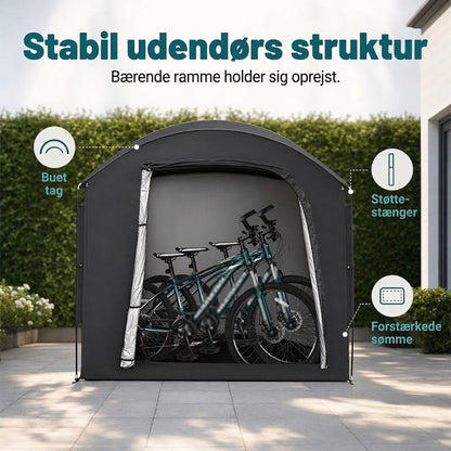 Robust opbevaringstelt til haven med plads til cykler, redskaber og friluftsudstyr