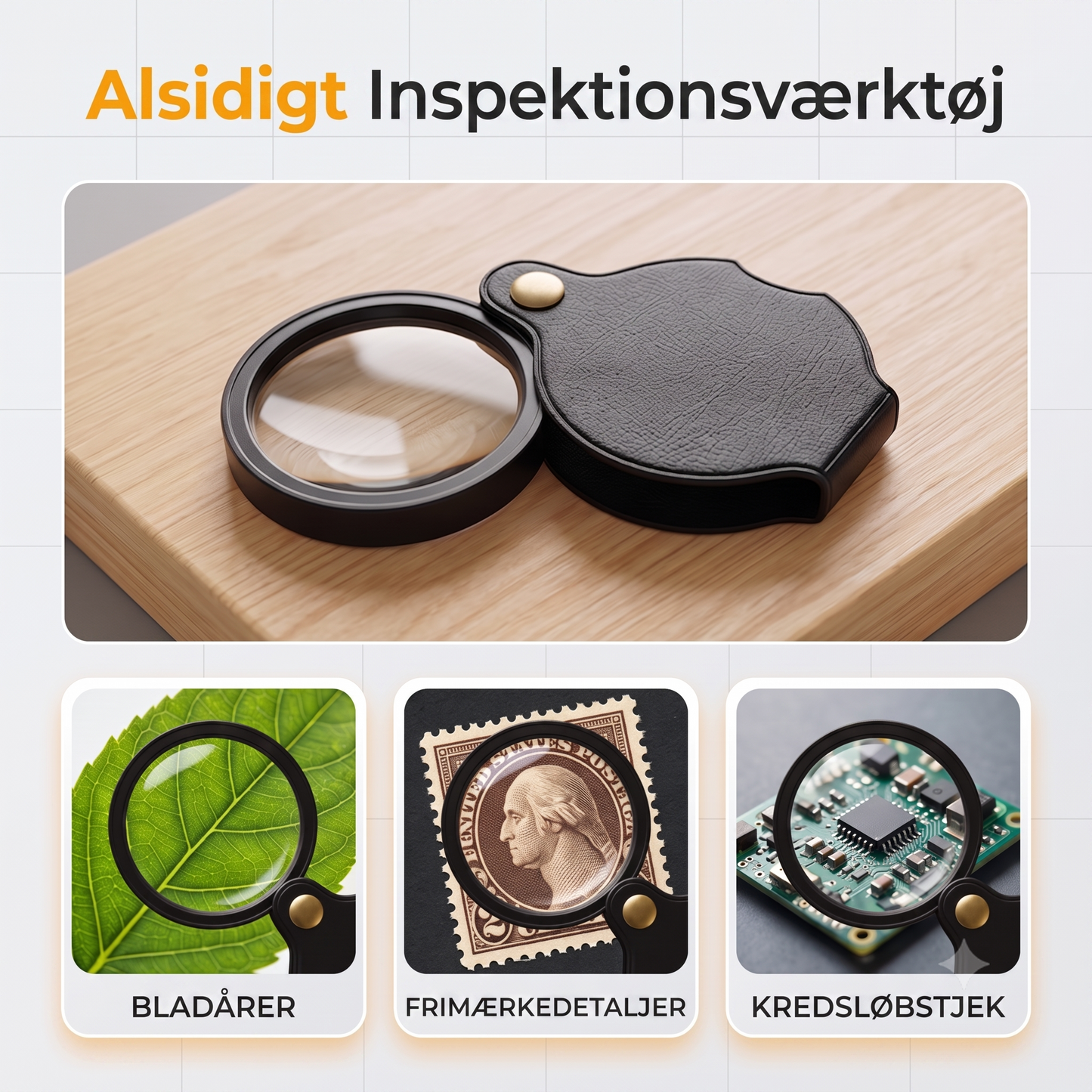 Foldbart lommeforstørrelsesglas i bærbart PU-læder beskyttelsesetui
