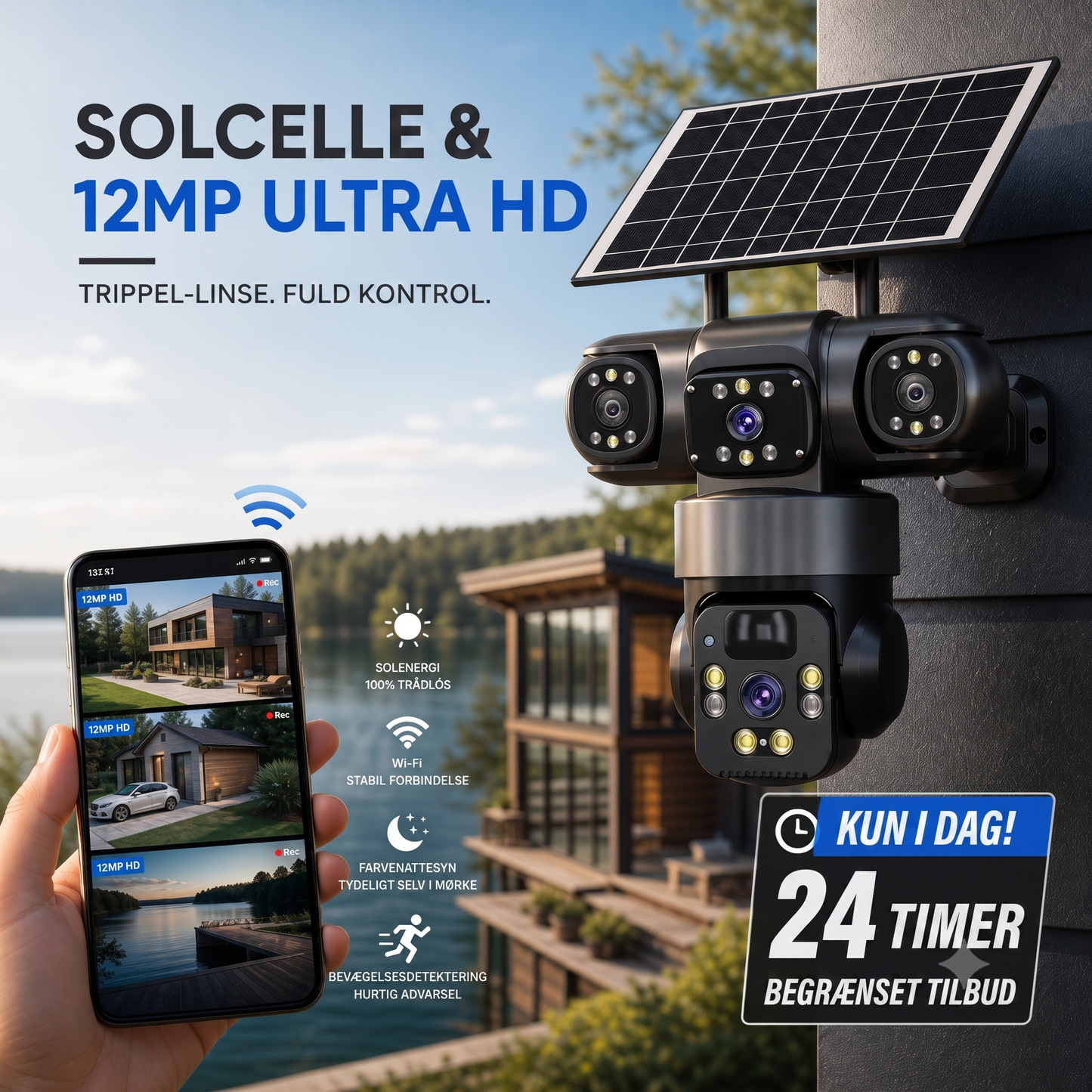 Smart Solcelle-Sikkerhedskamera – Med multivisning og sirene