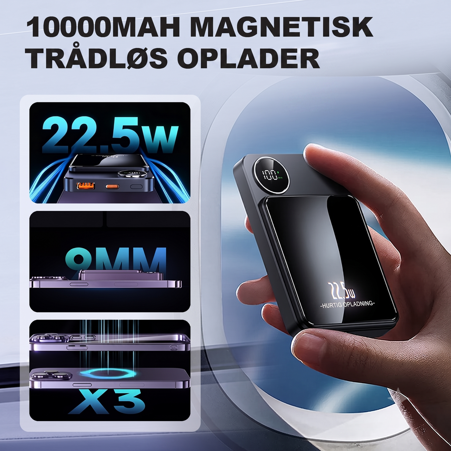 Slim Magnetisk Powerbank – 15W trådløs & 22.5W hurtigopladning