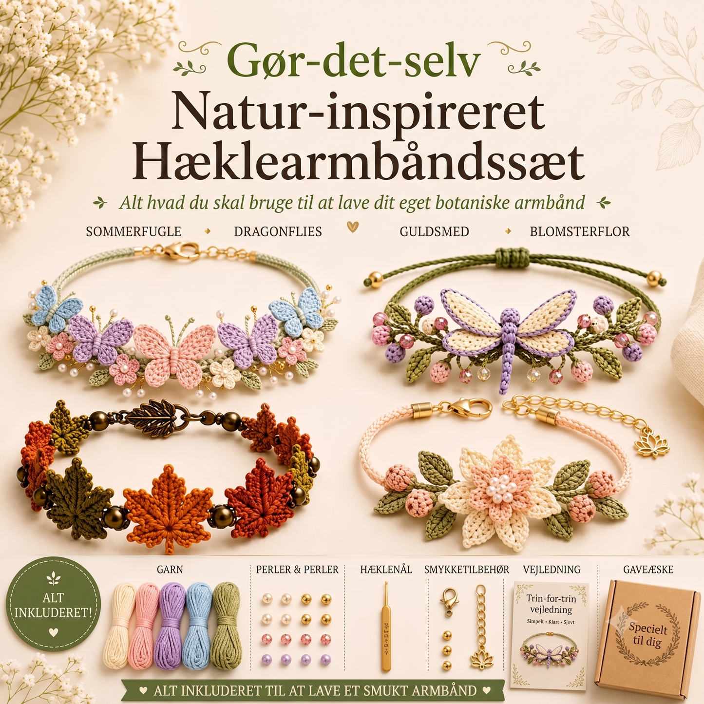 Naturfiber-baseret Håndværks-sæt til Hæklet Armbånd med Geometrisk Modulstruktur