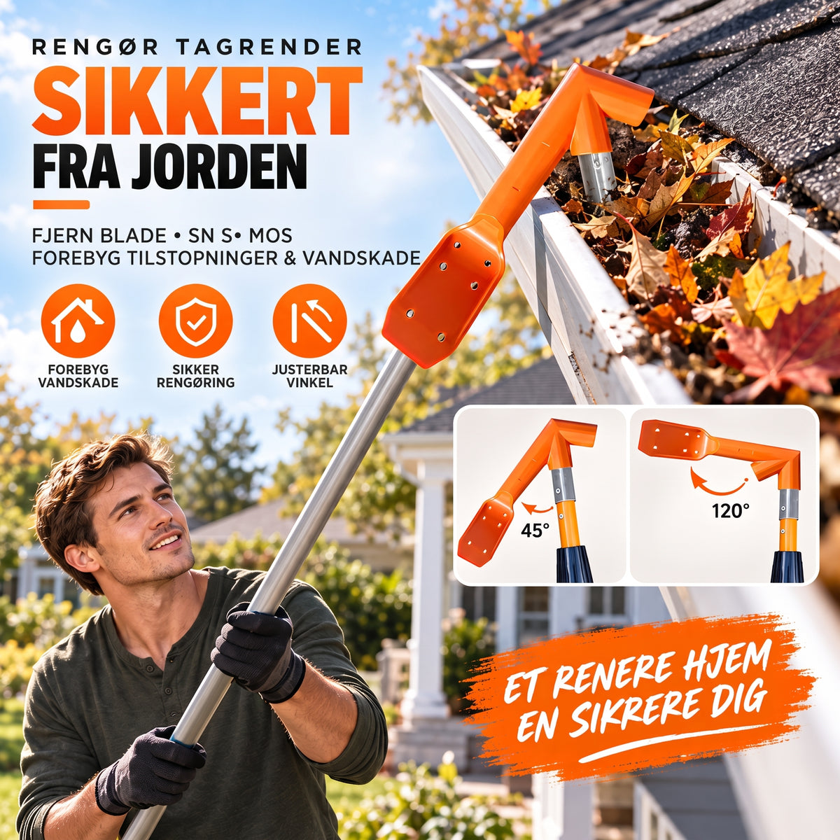 Tagrende-renseværktøj uden stige til nem og sikker rensning af tagrender