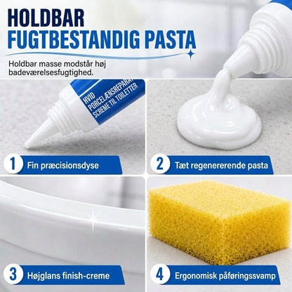 Hvid reparationscreme til porcelæn og sanitetsartikler til nem udbedring af skader og revner