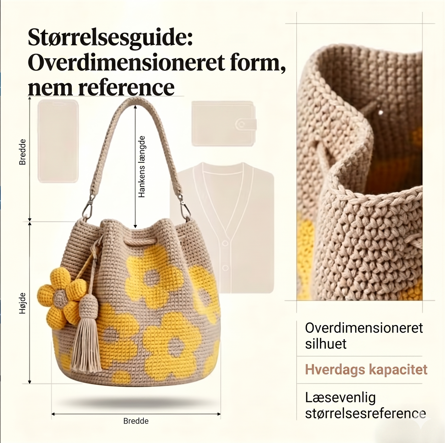 Unik Håndhæklet Shopper med Reliefblomster