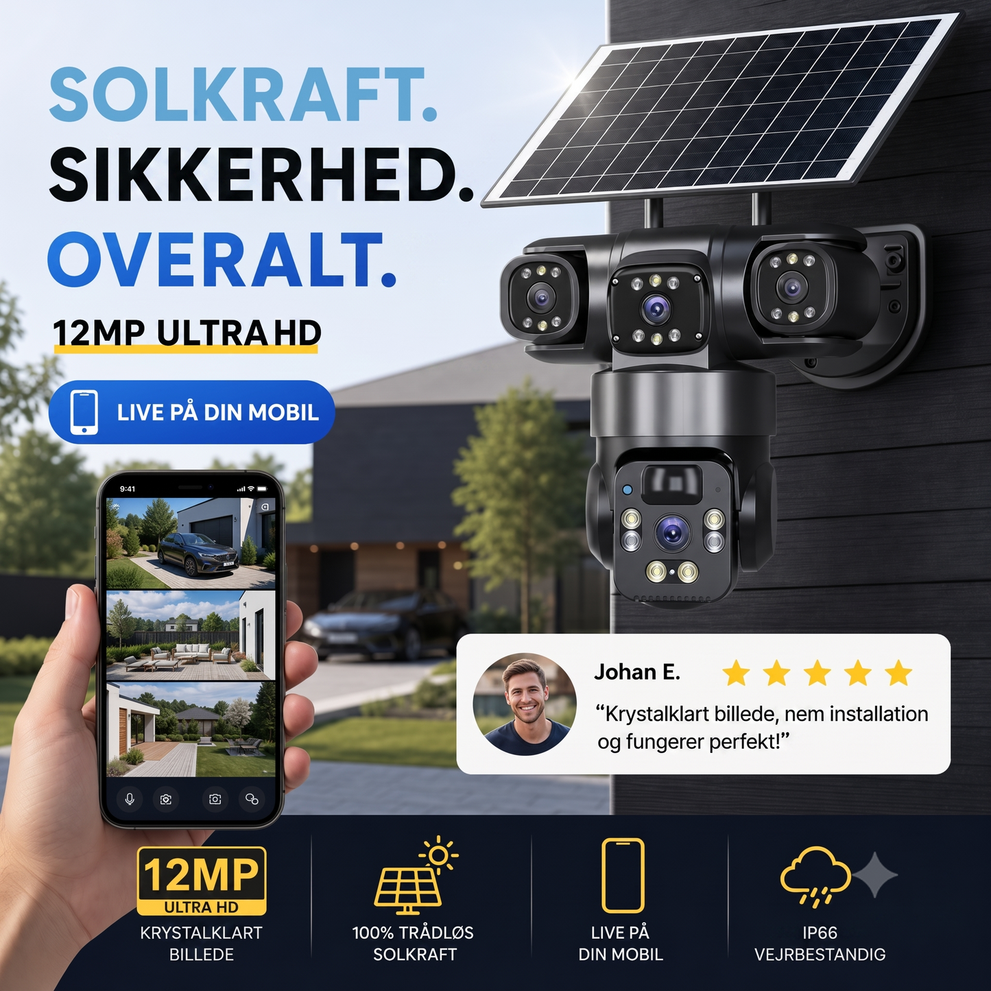 Smart Solcelle-Sikkerhedskamera – Med multivisning og sirene
