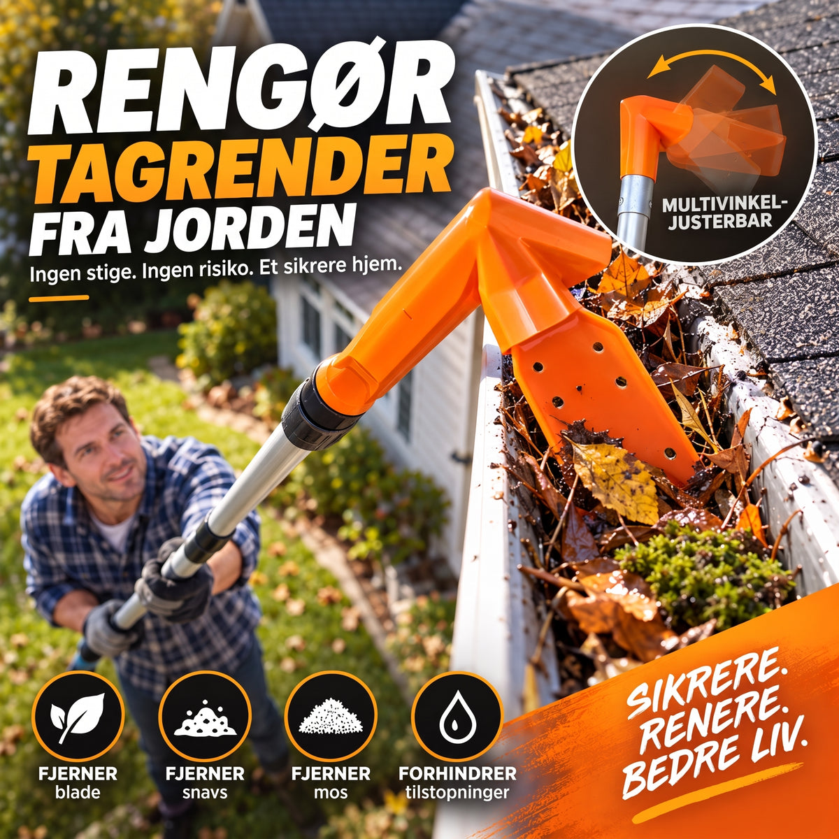 Tagrende-renseværktøj uden stige til nem og sikker rensning af tagrender