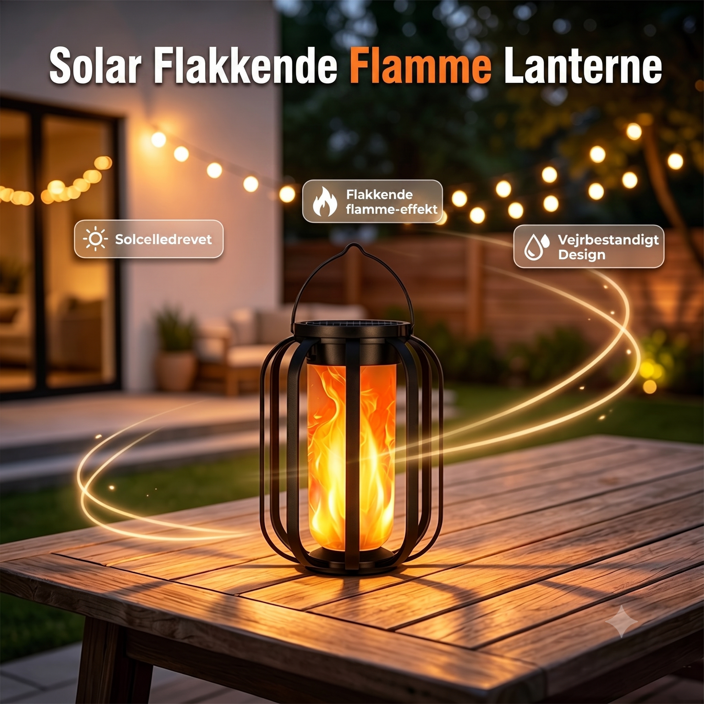Solcelledrevet varm, flimrende flammelampe med vandtæt design og automatisk tænd/sluk